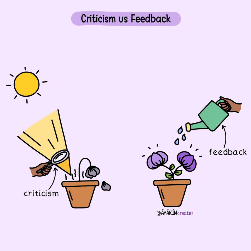 Criticism wilts flower, feedback nurtures growth in mental wellness illustration - Yemisi Olusanya
