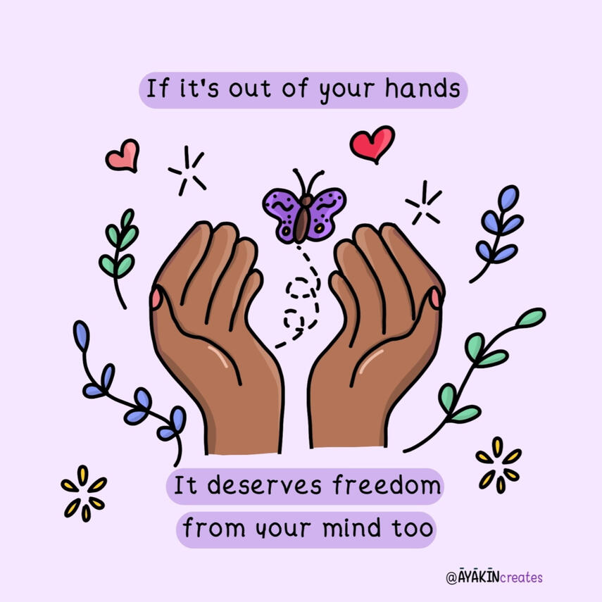 Hands release butterfly, symbolizing mental freedom in whimsical, joyful wellness illustration - Yemisi Olusanya