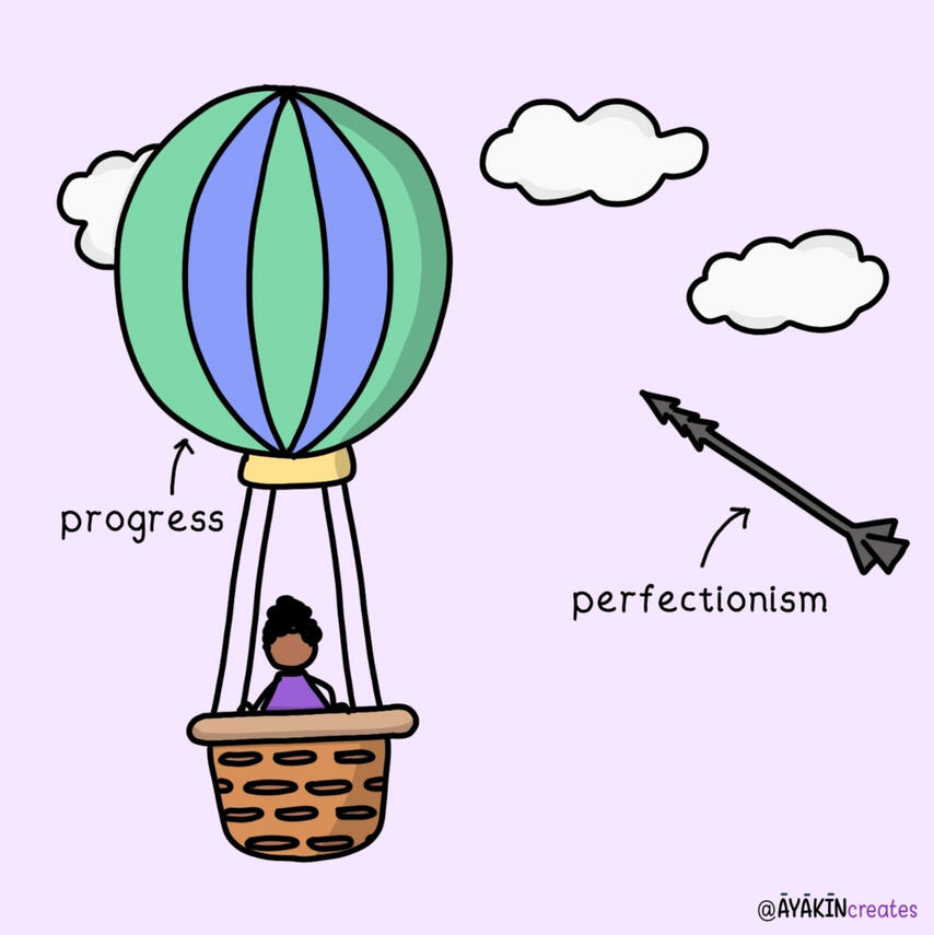 Progress balloon soars past perfectionism arrow in whimsical mental wellness illustration - Yemisi Olusanya