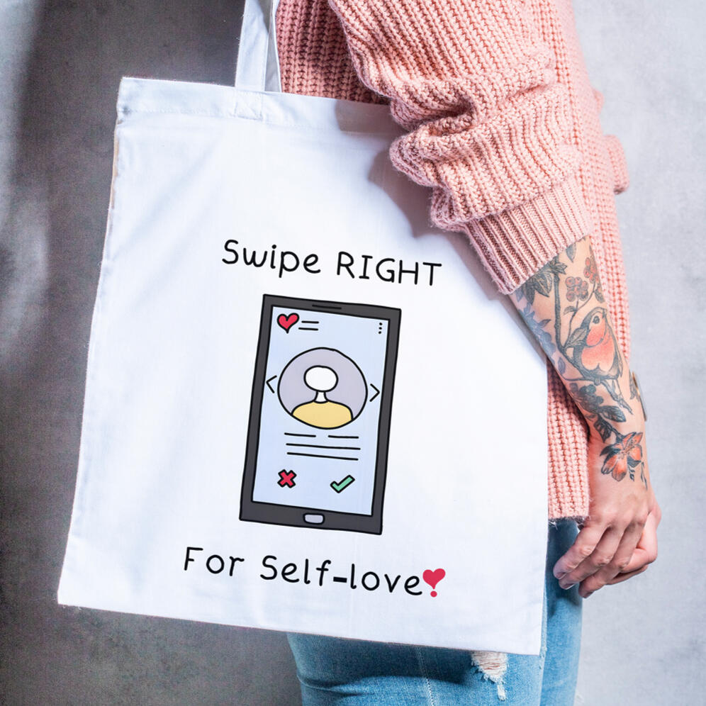 Vibrant self-love illustration on tote bag: swipe right for positive affirmation - Yemisi Olusanya
