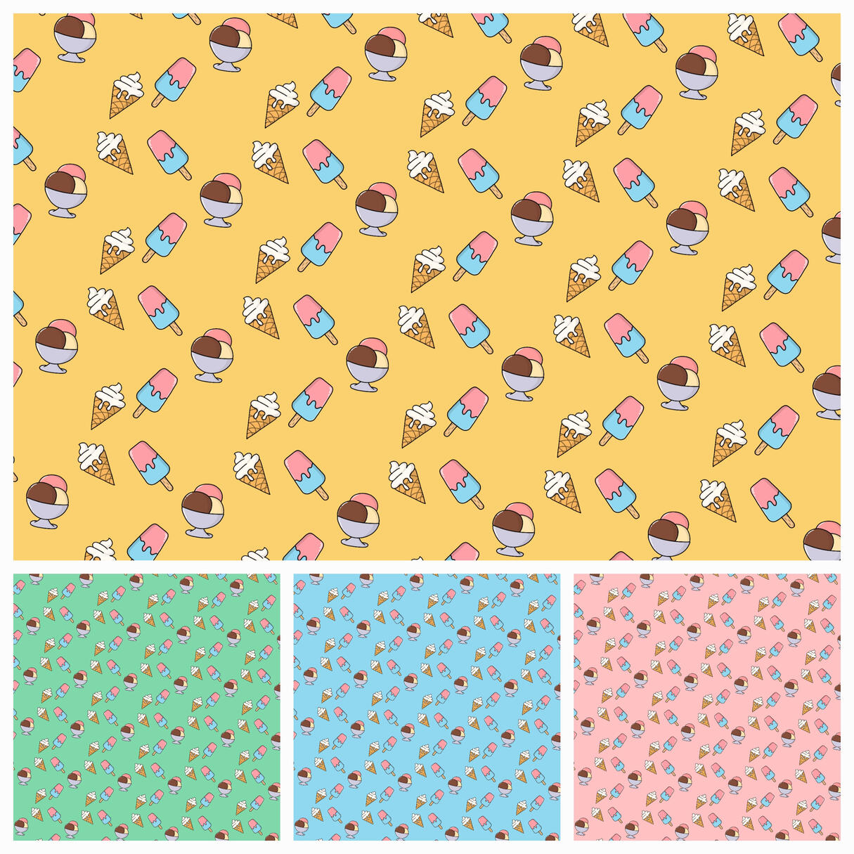 Joyful pattern of ice cream cones, popsicles and scoops of vanilla, chocolate and strawberry ice cream - Yemisi Olusanya