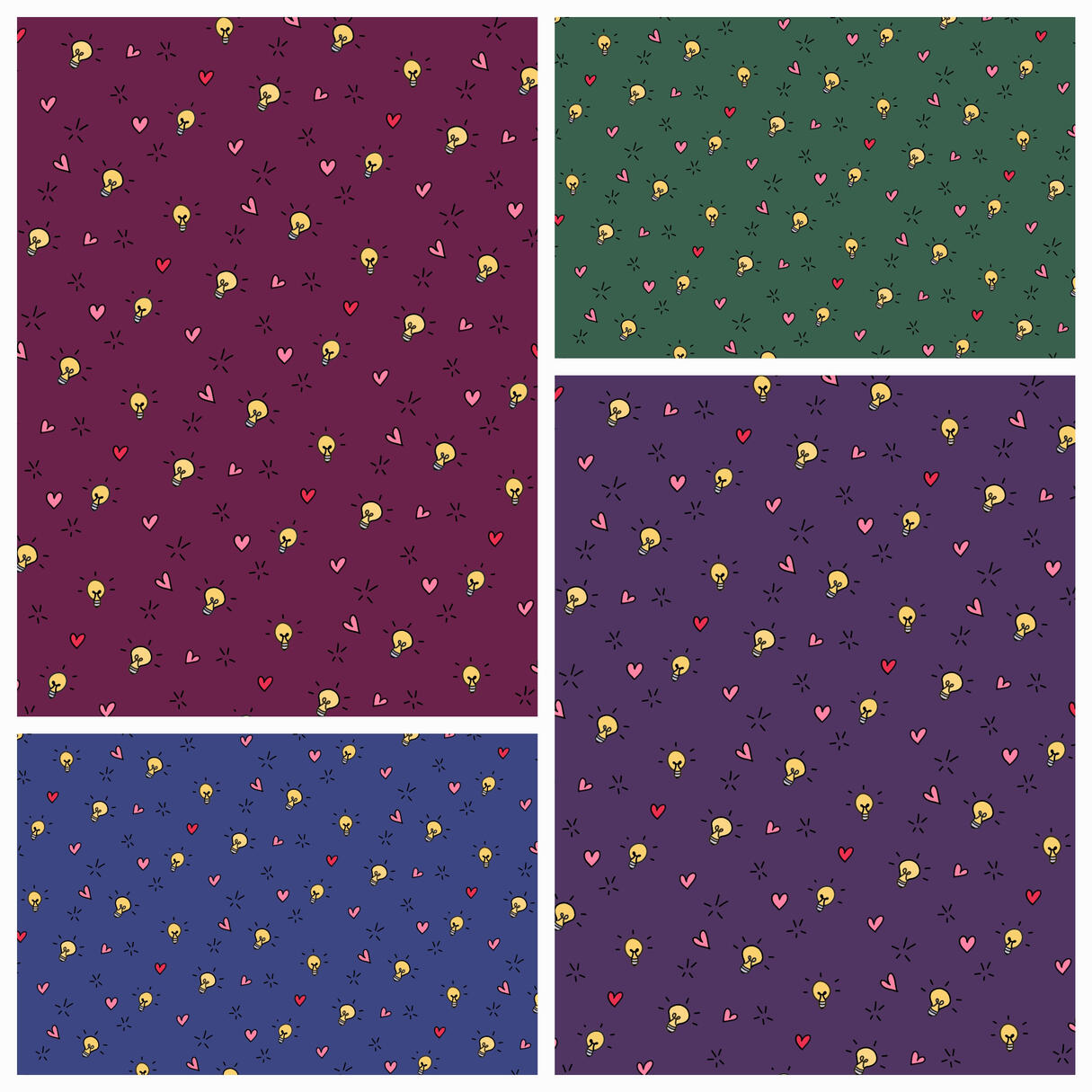 Whimsical, colourful lightbulbs and red and pink heart patterns - Yemisi Olusanya